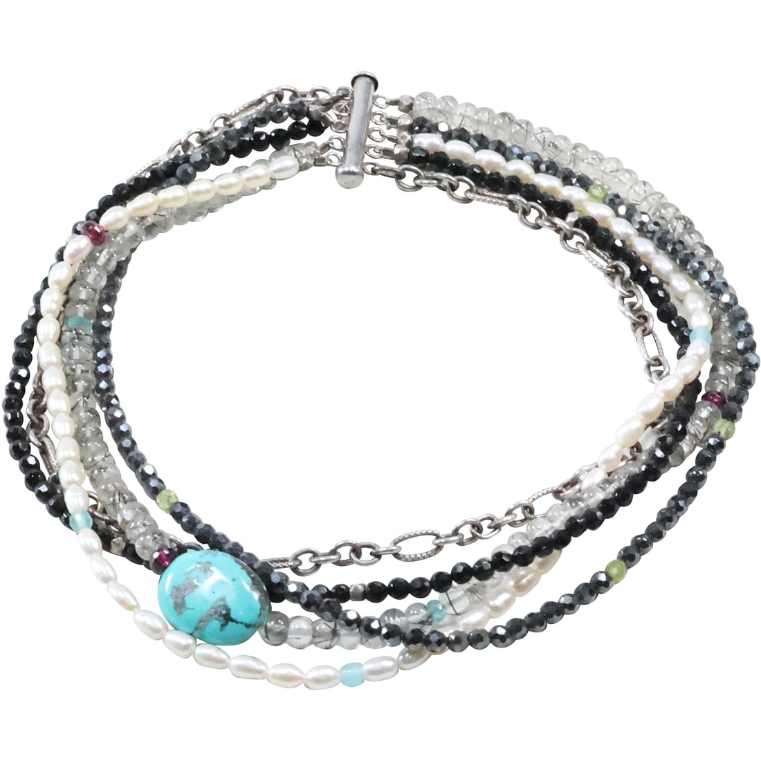 .925 Sterling 5-Stand Nrecklace Art Glass with Turquoise, Genuine Cultured Pearls, Jet Black Beads,: .925 Sterling 5-Stand Nrecklace Art Glass with Turquoise, Genuine Cultured Pearls, Jet Black Beads, Hematite.