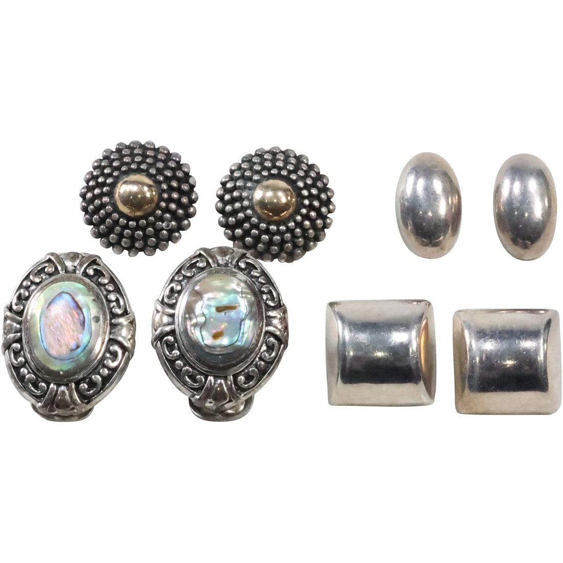 4 Pair Earrings: 14K and .925 Sterling Beading Clip-on; .925 Sterling Abalone; .925 Sterling Zina;: 4 Pair Earrings: 14K and .925 Sterling Beading Clip-on 7/8 in.; .925 Sterling Abalone Clip-on 1 1/4 in. x 7/8 in.; .925 Sterling Zina 3/4 in.; .925 Sterling Italy Bean 3/4 in. x 1/2 in.