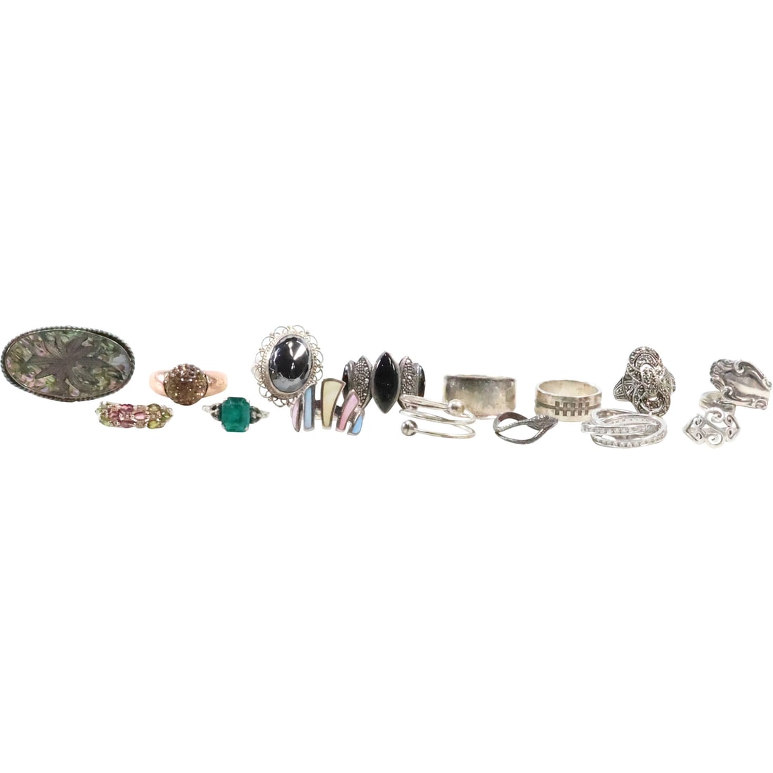 Grouping of 15 Assorted STERLING SILVER RINGS: Marcasite size 6; Green Stone size 6.5; (1 of 20)