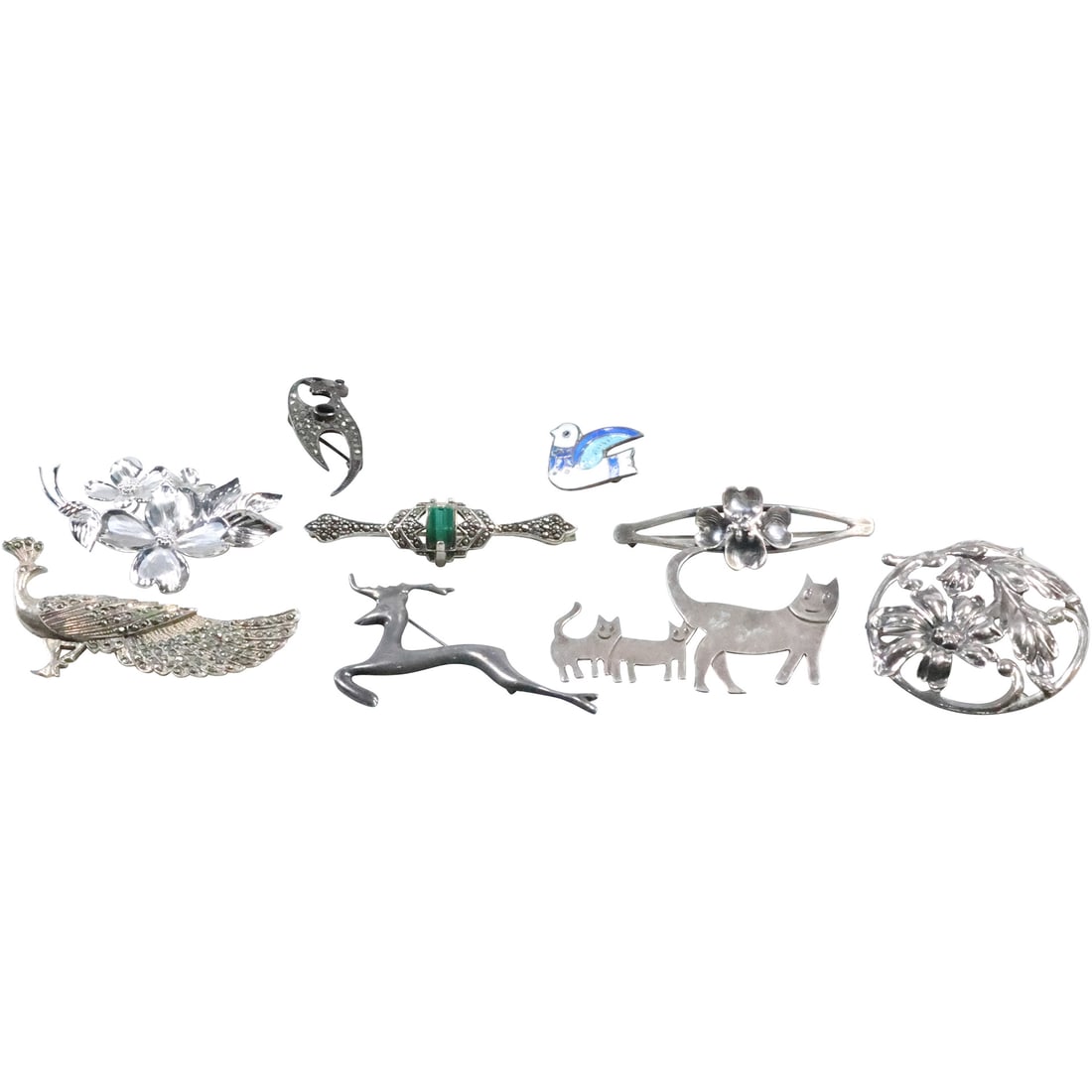 10 Assorted .925 Sterling Silver Pins: 2 Kittens, Marcasite & Black Onyx ; Deer; Bird; Round Flower (1 of 20)