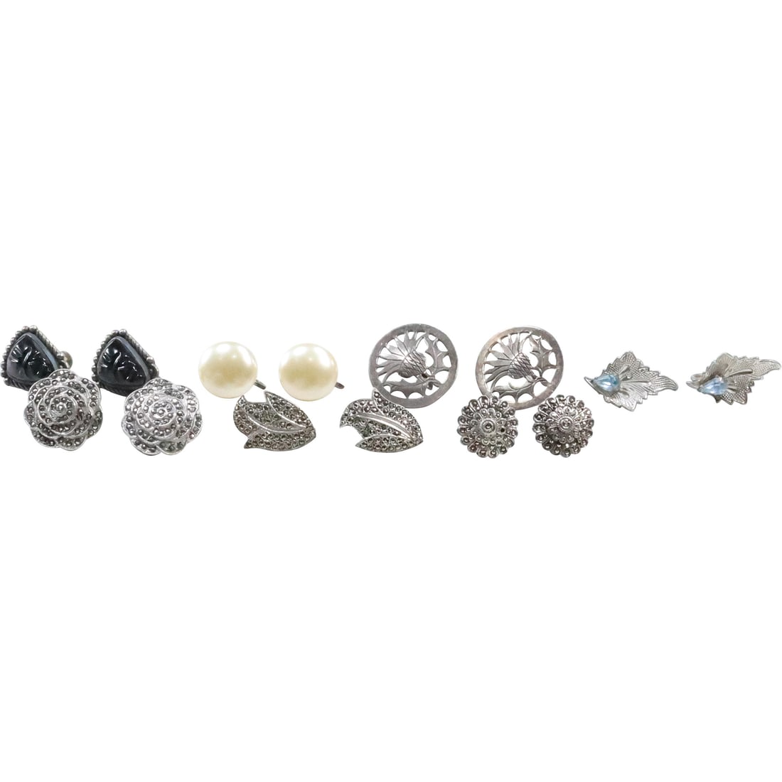 7 Assorted Sterling Silver Screw Back Earrings: Leaves with Blue Rhinestones, Marcasite Roses, (1 of 20)