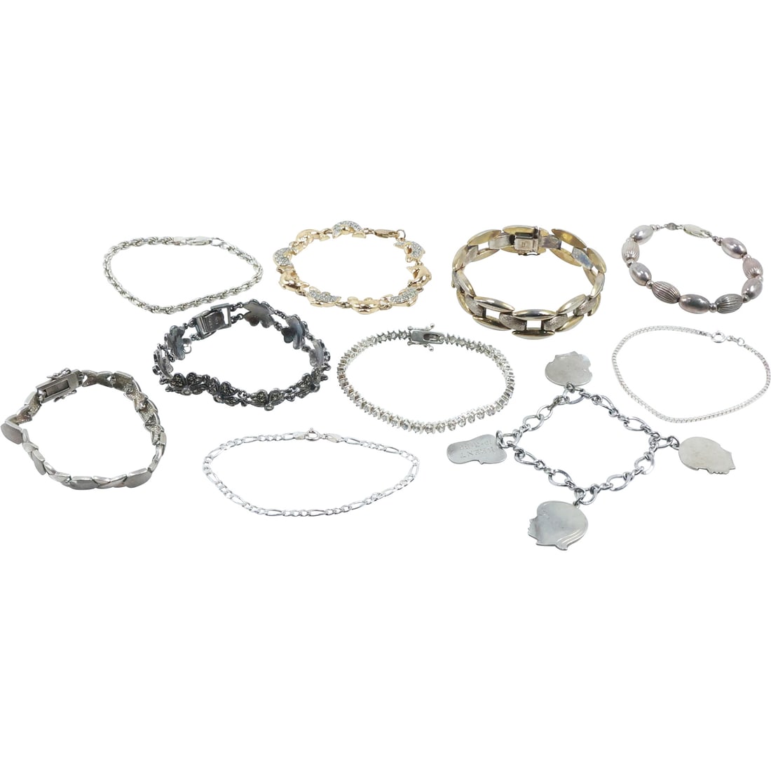 10 Assorted .925 Sterling Silver Bracelets: Charm Bracelet, Dolphin Bracelet, Ovals Rectangular, (1 of 20)