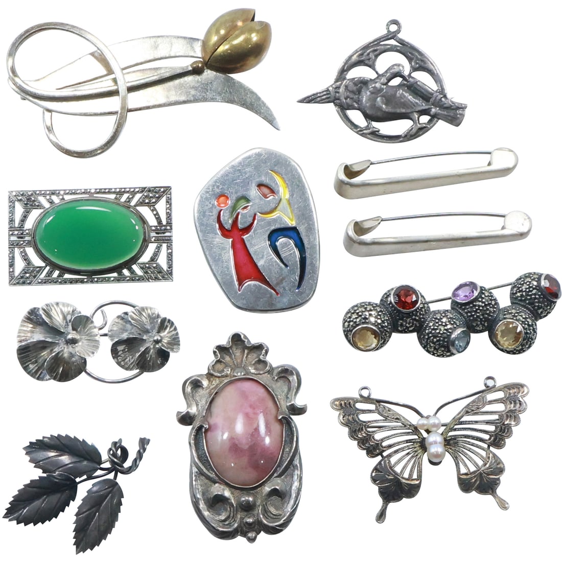11 Assorted Sterling Silver Pins: Pin Agate Victorian Pin; Marcasites and Jade; Israel Pin; Dogwood (1 of 20)