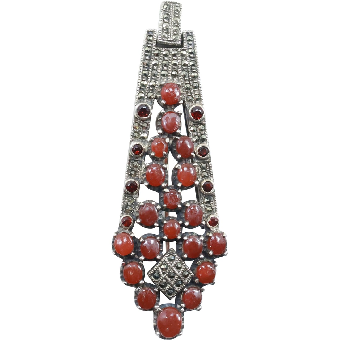 Circa 1920s Stunning Sterling Silver Marcasites and Carnelian Pendant Pin 3 in. x 1 in. (1 of 20)