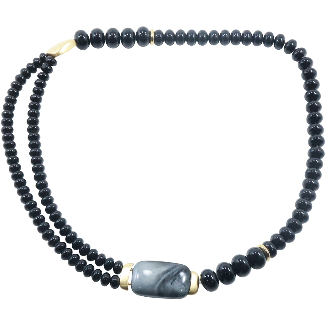 Trifari, signed Kunio Matsumoto Black Beads with Silver & Gold Dust Accent Bead Spacers Necklace: Trifari, signed Kunio Matsumoto Black Beads with Silver & Gold Dust Accent Bead Spacers Necklace. size: 34 in. x 1 1/4 in.