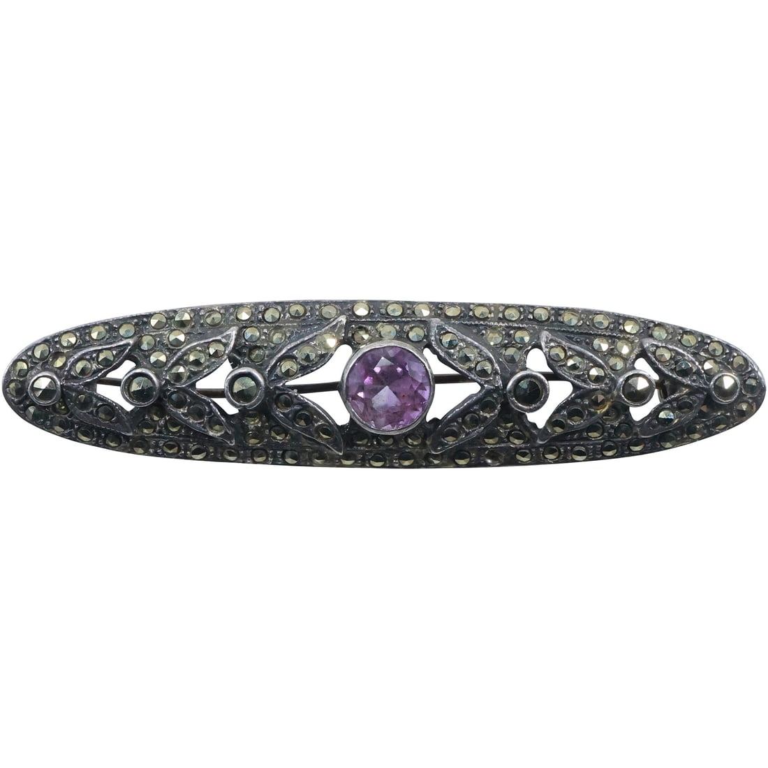 .925 Sterling Silver Soma [Sofia Hallik] Victorian Style Marcasite and Amethyst Pin 2 5/8 in. x 5/8: .925 Sterling Silver Soma [Sofia Hallik] Victorian Style Marcasite and Amethyst Pin 2 5/8 in. x 5/8 .
