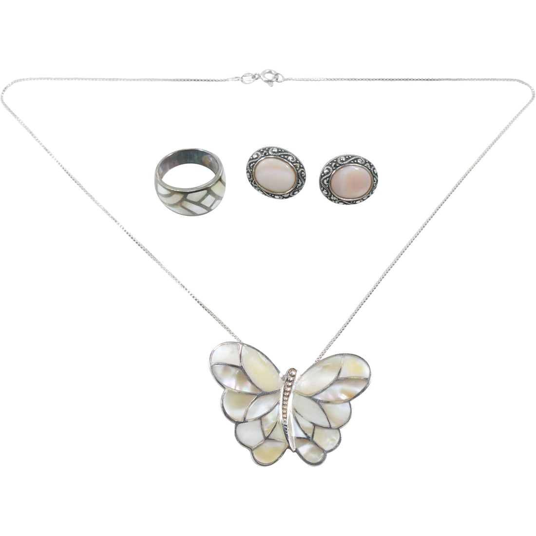 Assorted MOP .925 Sterling Silver: .925 MOP & Marcasites Pierced Earrings; .925 Butterfly Pendant (1 of 19)