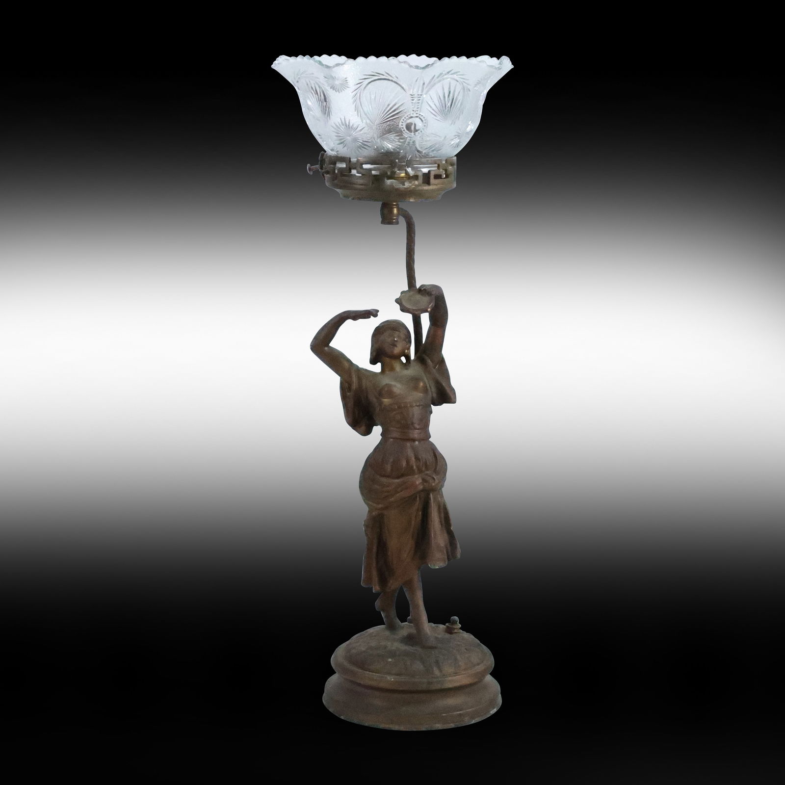 Vintage Cast Metal Spelter Woman Figural Newel Post Lamp with Glass Shade 19.75 in. height (1 of 20)