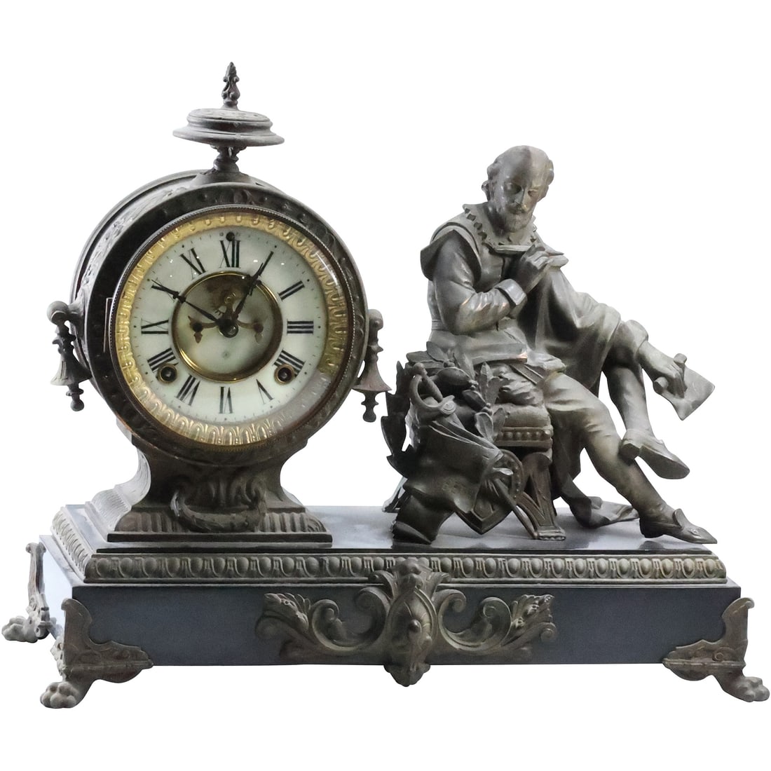 Antique Ansonia "Macbeth" Cast Metal Spelter Shakespeare Figural Mantle Clock, Open Escapement (1 of 20)