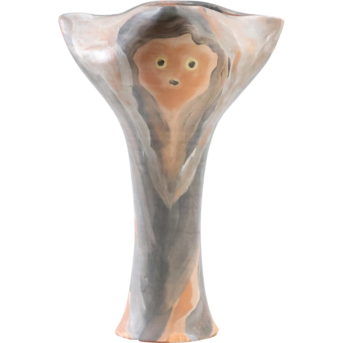 Unusual Artist Signed Redware Pottery Tall Vase with Face 15.25 in. height x 10 in wide at top (1 of 20)