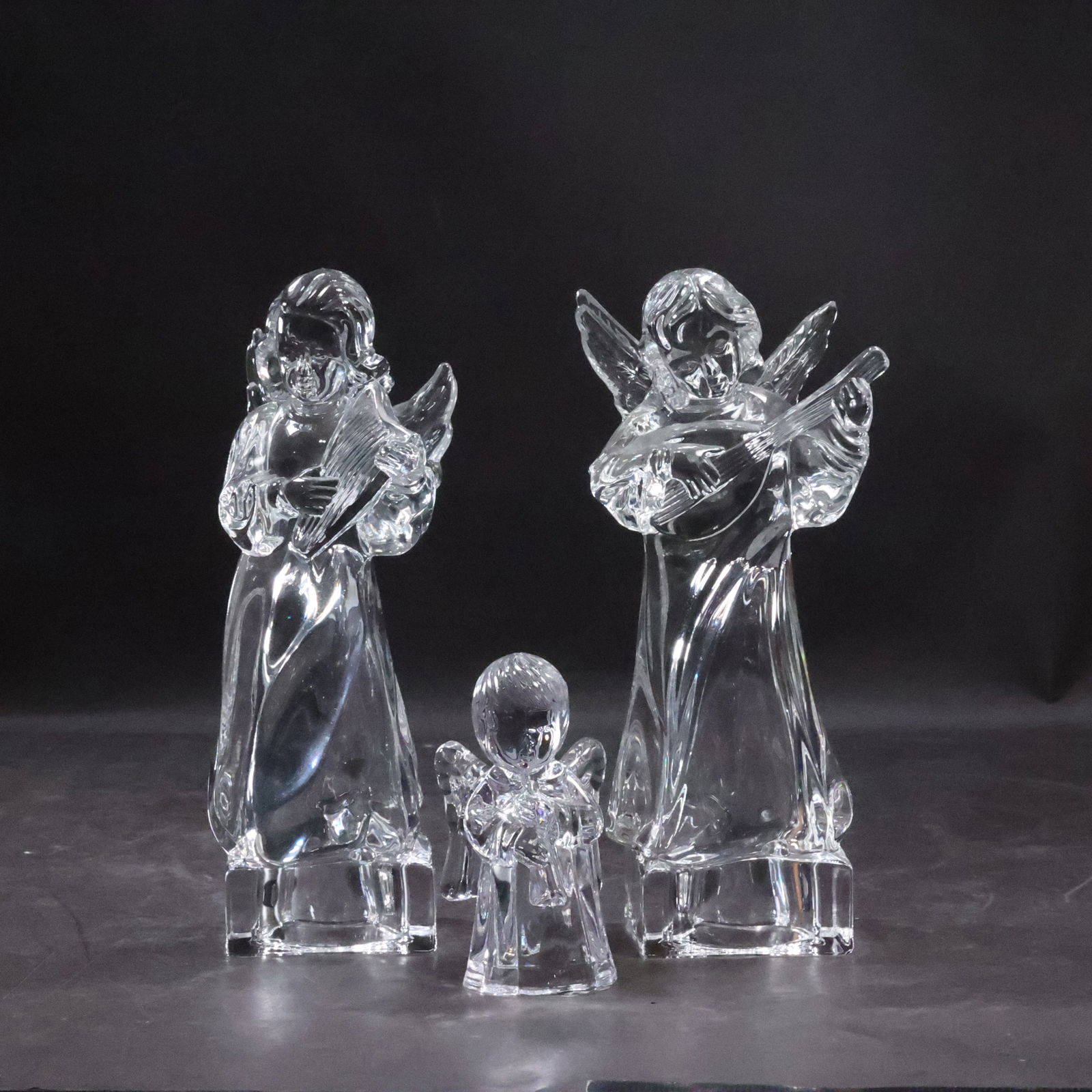 3 Crystal Glass Figural Angels Statues 8 in. height [2]; 4 in. height [1]: 3 Crystal Glass Figural Angels Statues 8 in. height [2]; 4 in. height [1] size: 2x (8 x 3.75 x 3), 1x (4 x 2 x 2.25)