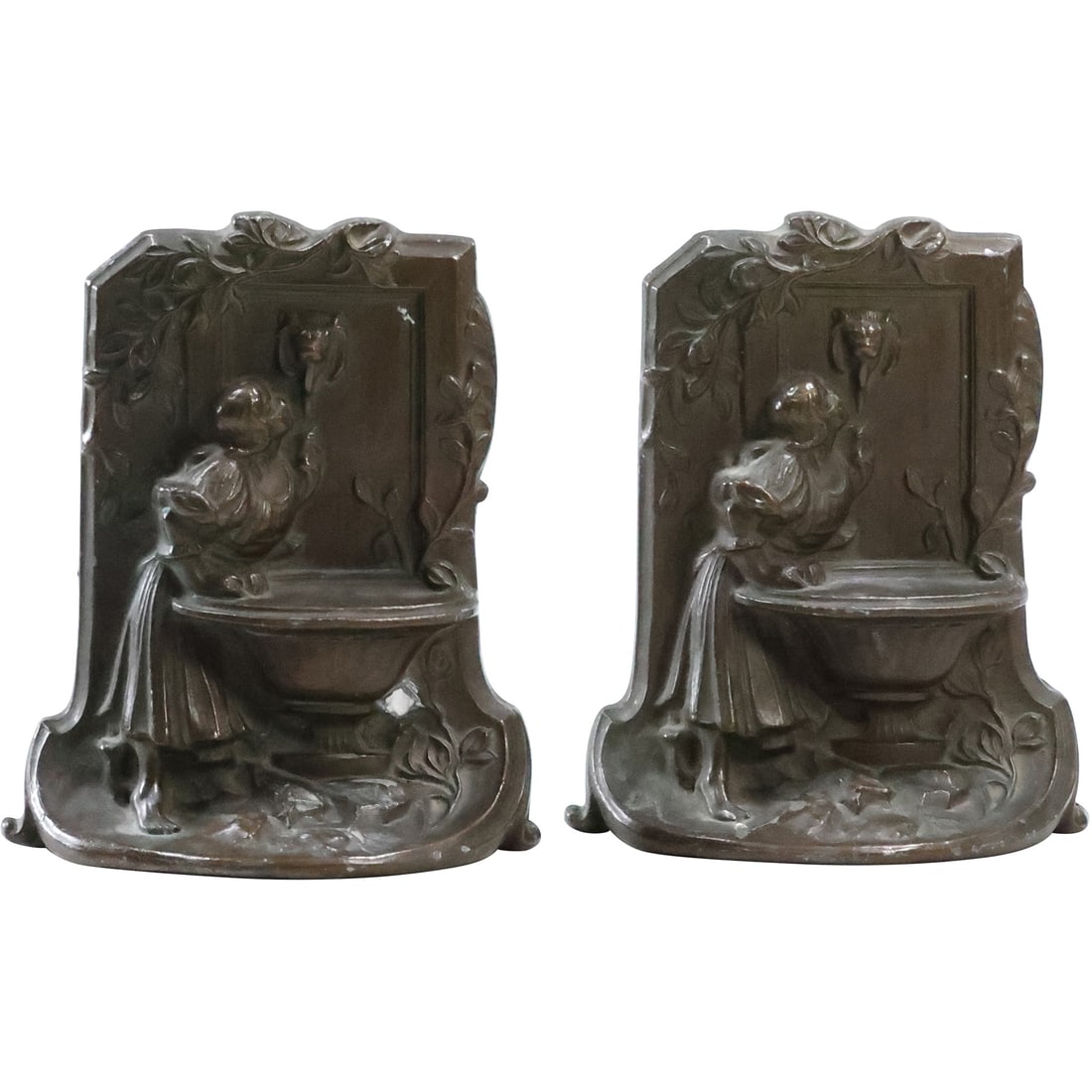 Circa 1920 Cast Metal "Woman At The Well" Bookends in Original Patina: Circa 1920 Cast Metal "Woman At The Well" Bookends in Original Patina. size: 5.5 x 4.75 x 2.25