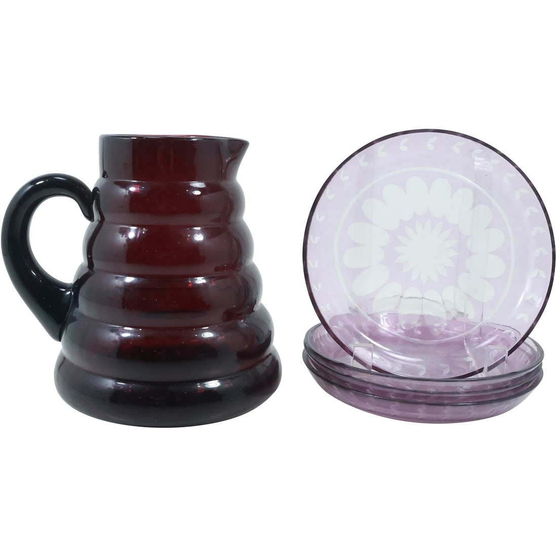 Stylish Deep Purple Amethyst Water Pitcher; Set 4 Bohemian Amethyst to Clear Glass Luncheon Plates (1 of 20)