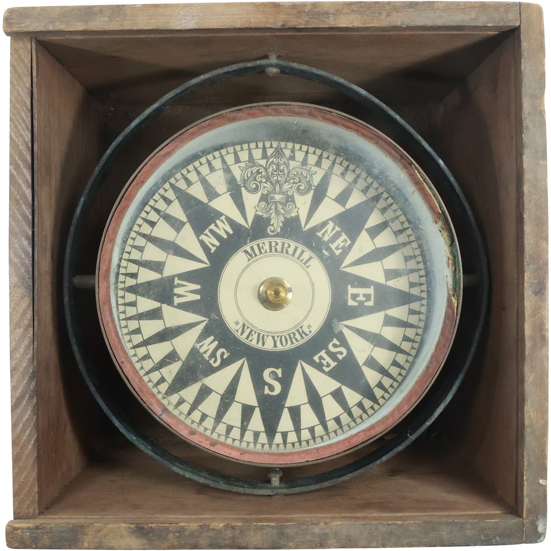 Antique Nautical Compass in Wood Box Merrill New York , 7 in. x 10 in (1 of 20)