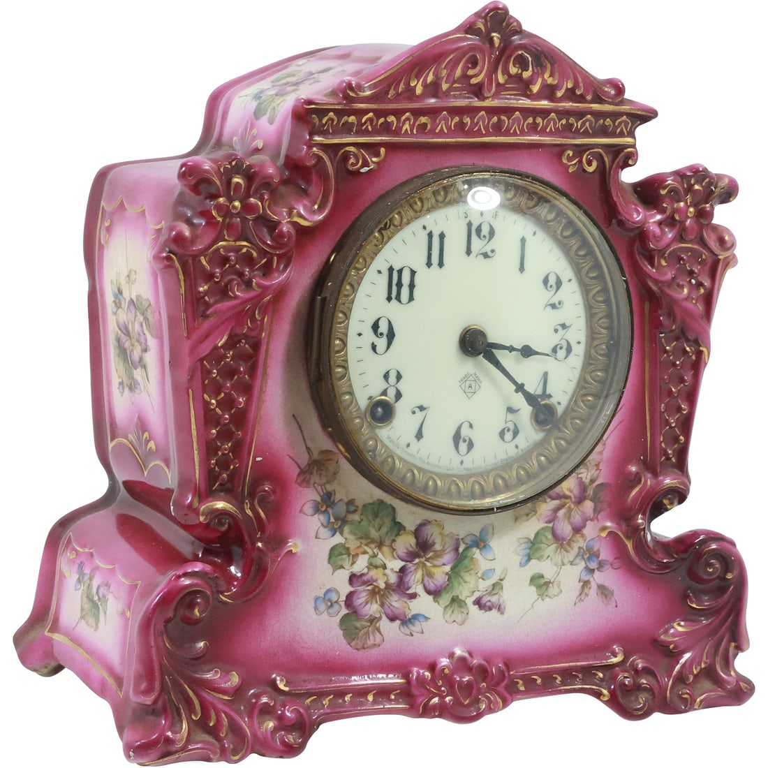 Antique Ansonia Porcelain Case Mantle Clock Pink with Flowers Decoration 10.75 in. height (1 of 20)