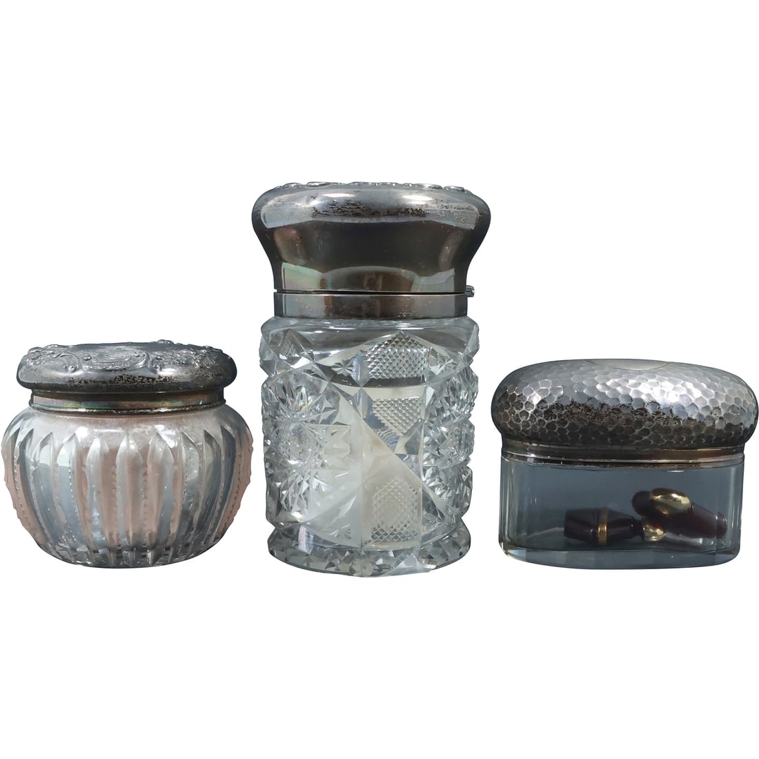 3 Assorted Antique Silver Top Crystal Glass Dresser Jars (1 of 20)