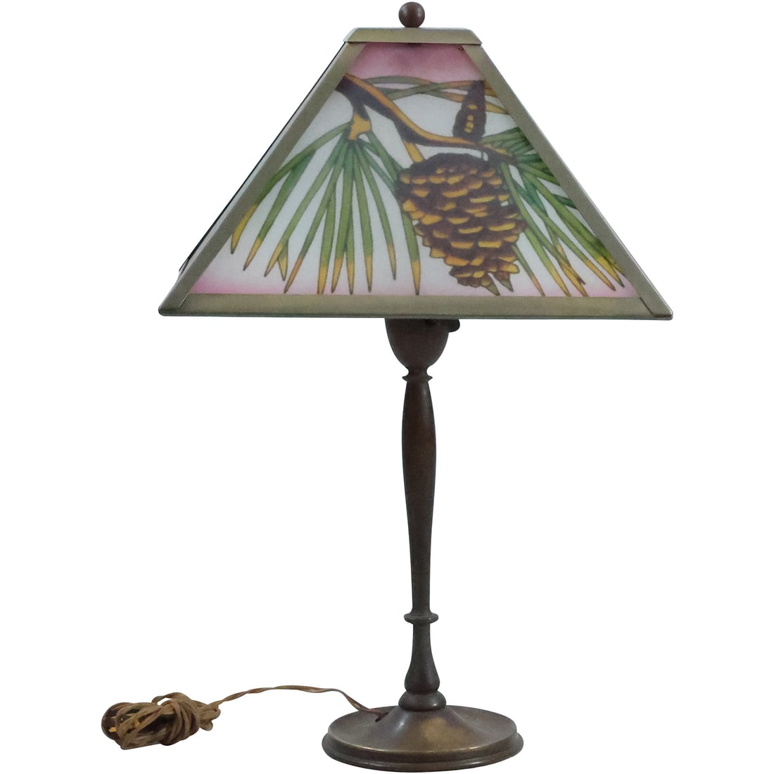 Unique Glass 4-Panel Shade Hand Painted Pine Cone Table Lamp, Brass Base, 21.5 in. height (1 of 20)