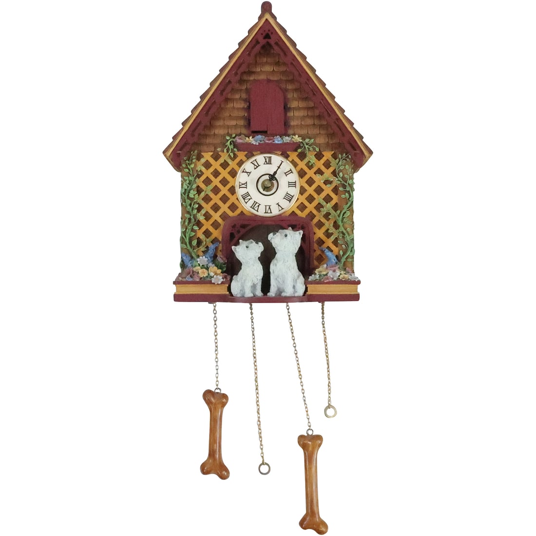Whimsical DOG HOUSE Wall Clock, Scotty Dogs with 2 Weight Driven DOG BONE Weights: Whimsical DOG HOUSE Wall Clock, Scotty Dogs with 2 Weight Driven DOG BONE Weights. size: 12.25 in. x 8.5 in. x 5.25 in.