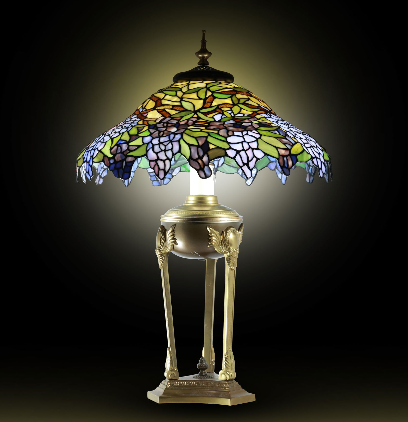 20th C. Decorative Leaded Glass Table Lamp Grapes Motif on Urn Form Base 31 in. overall height (1 of 20)