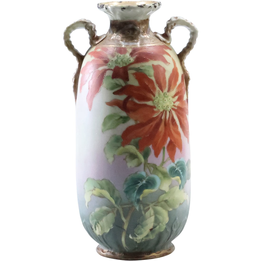 Vintage Hand Painted NIPPON Porcelain Floral Vase with Handles 11.25 in. height: Vintage Hand Painted NIPPON Porcelain Floral Vase with Handles 11.25 in. height. size: 11.25 x 6 , note: shows old repair on rim See Pictures