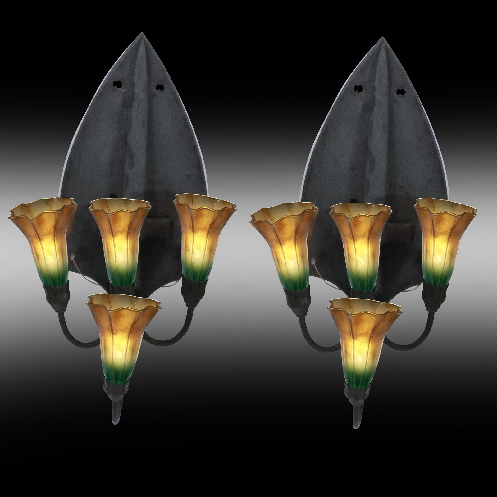 Pair Medieval Dagger Metal Shield Back Wall Sconces each 4 lights with Glass Tulip Shades (1 of 20)