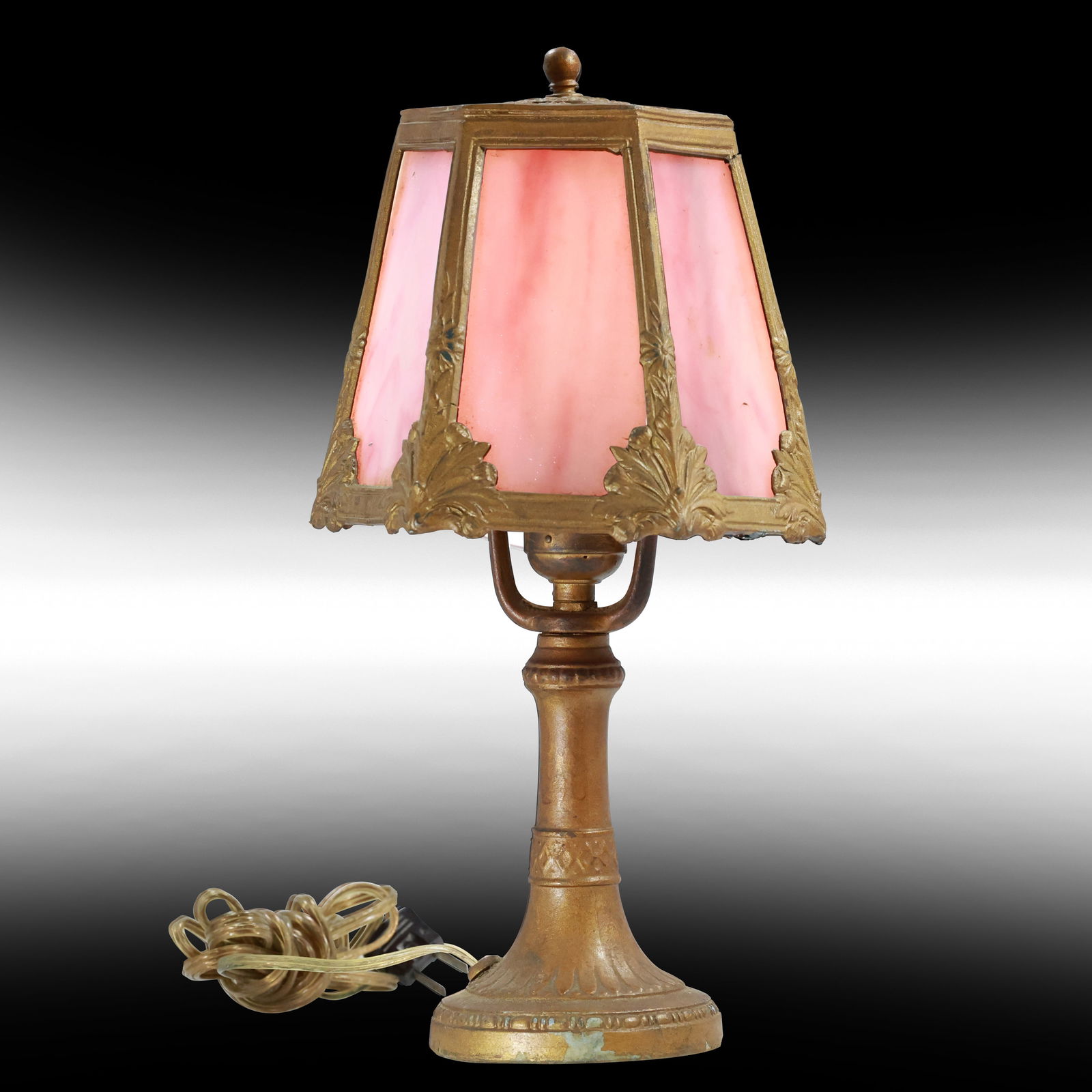 Original Circa 1920s 6-Panel Pink Slag Glass Shade Boudoir Lamp - all glass is good (1 of 20)