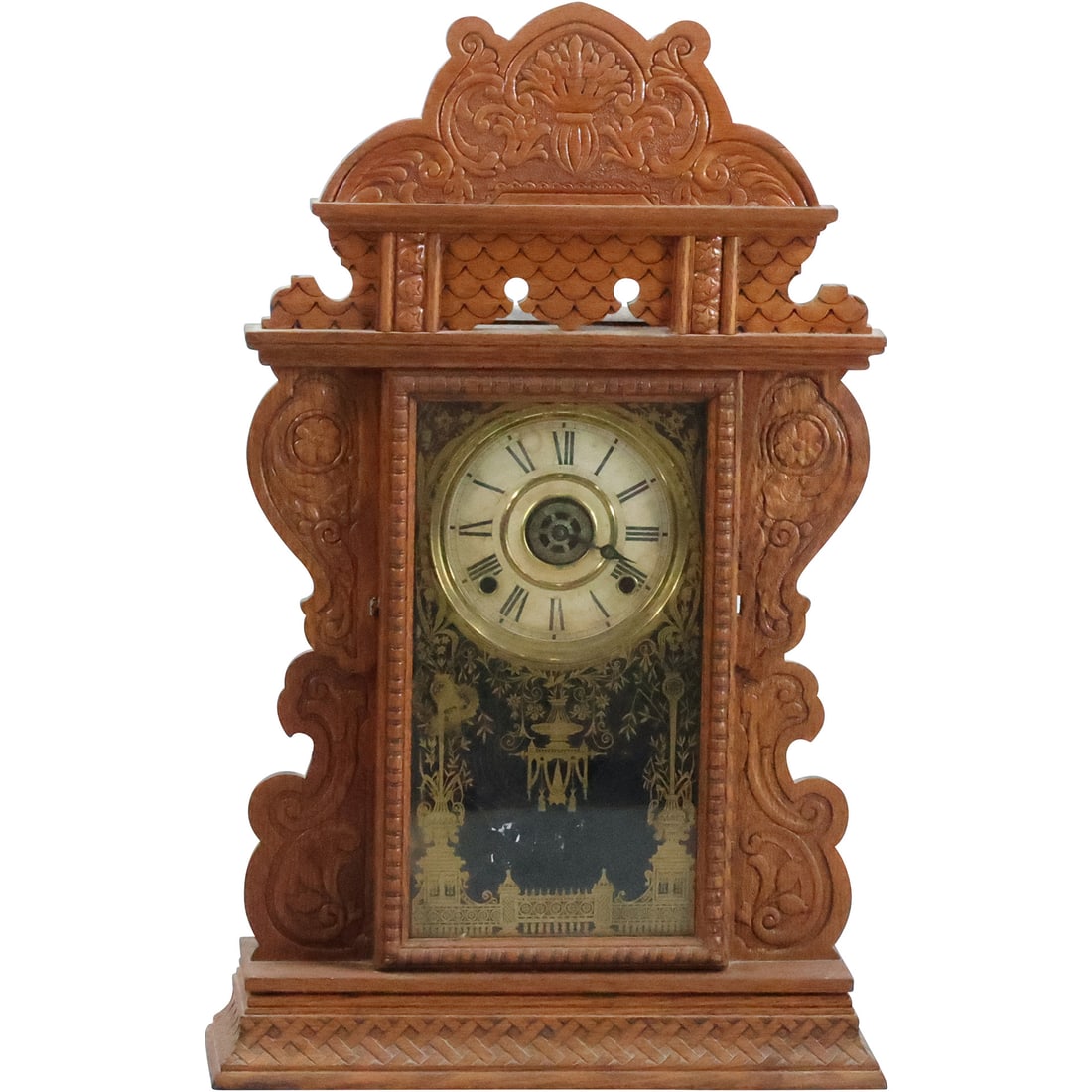 Antique WELCH Victorian Gingerbread Fancy Oak Case Kitchen Clock with Key & Pendulum (1 of 20)