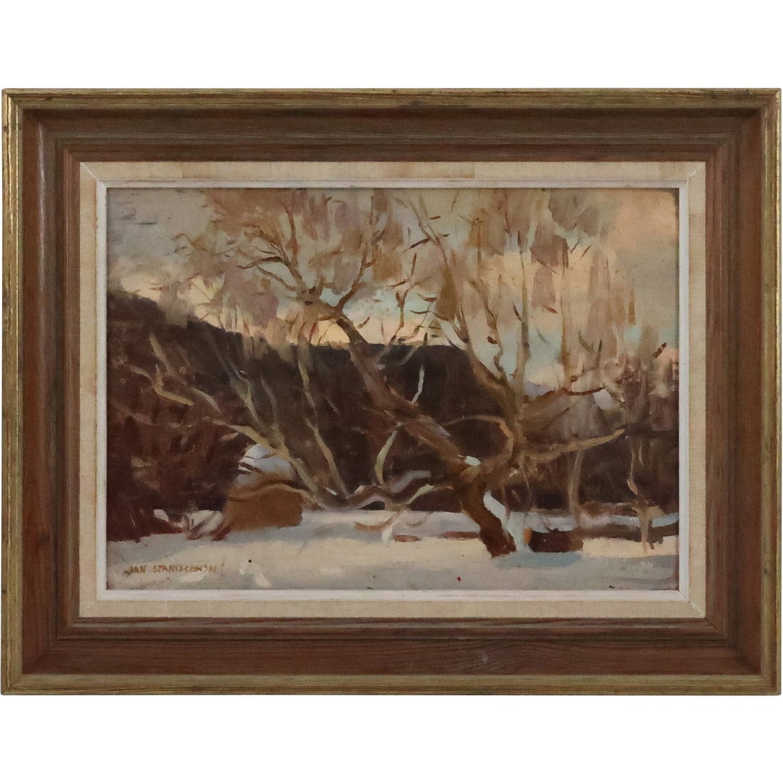 Jan Stanislawski, 1860-1907 Polish, "Winter Landscape" Oil on Board Painting, Signed: Jan Stanislawski, 1860-1907 Polish, "Winter Landscape" Oil on Board Painting, Signed. size: 9.5 x 13.25, 13.25 x 17 outside frame