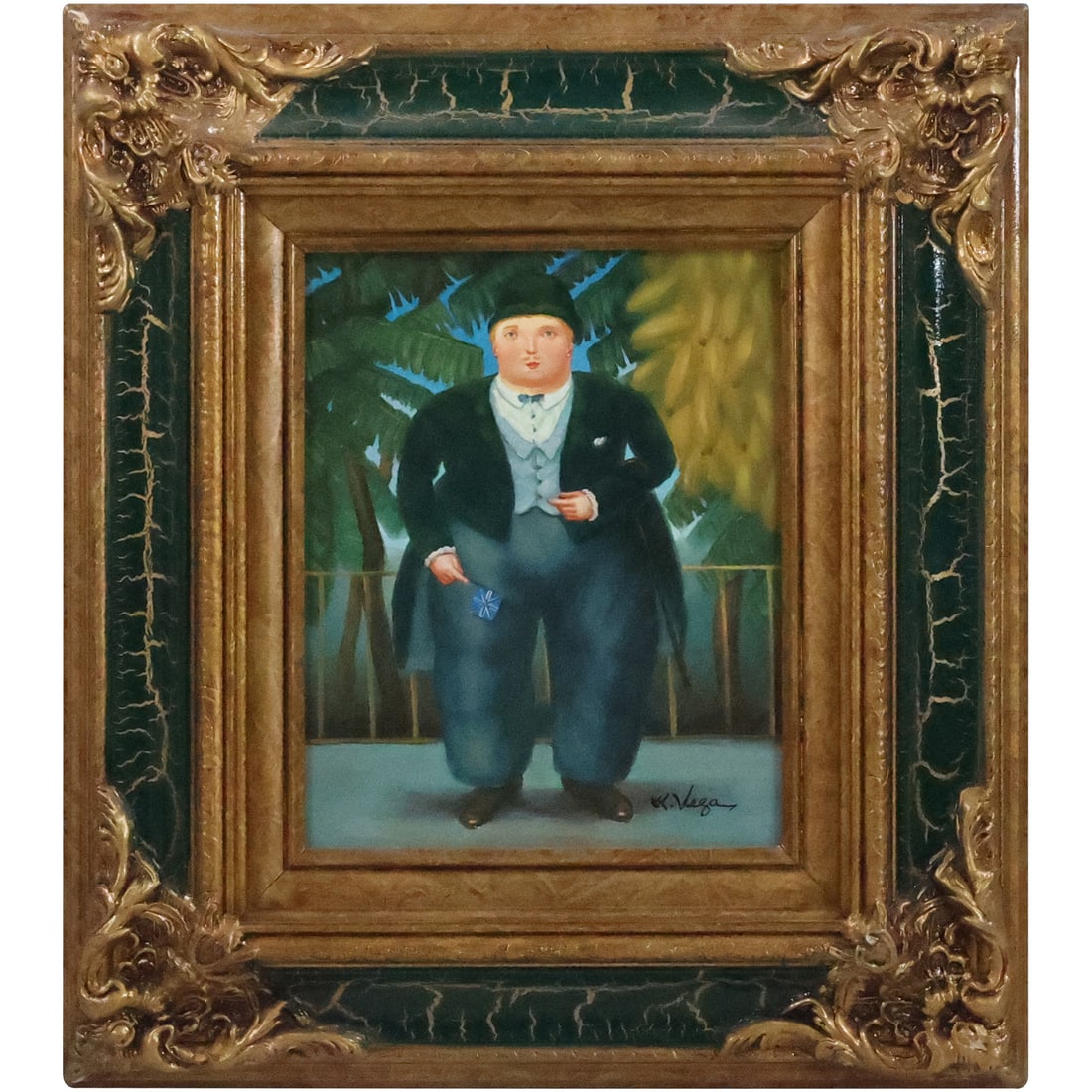 after Fernando Botero Oil on Board Painting Fat Man in Suit Artist Signed Vega, Framed: after Fernando Botero Oil on Board Painting Fat Man in Suit Artist Signed Vega, Framed. size: 10 x 8, 17.5 x 15.5 outside frame