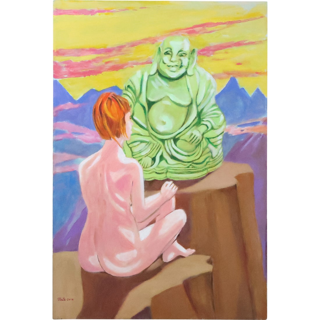 Norman Strite, Large Oil Painting on Canvas Nude Woman Next to Buddha Statue "Enlightenment": Norman Strite, Large Oil Painting on Canvas Nude Woman Next to Buddha Statue "Enlightenment". size: 36 x 24 ; Author of Book: Norman Strite in the Temple of Beauty. Figure Paintings and Drawings by No