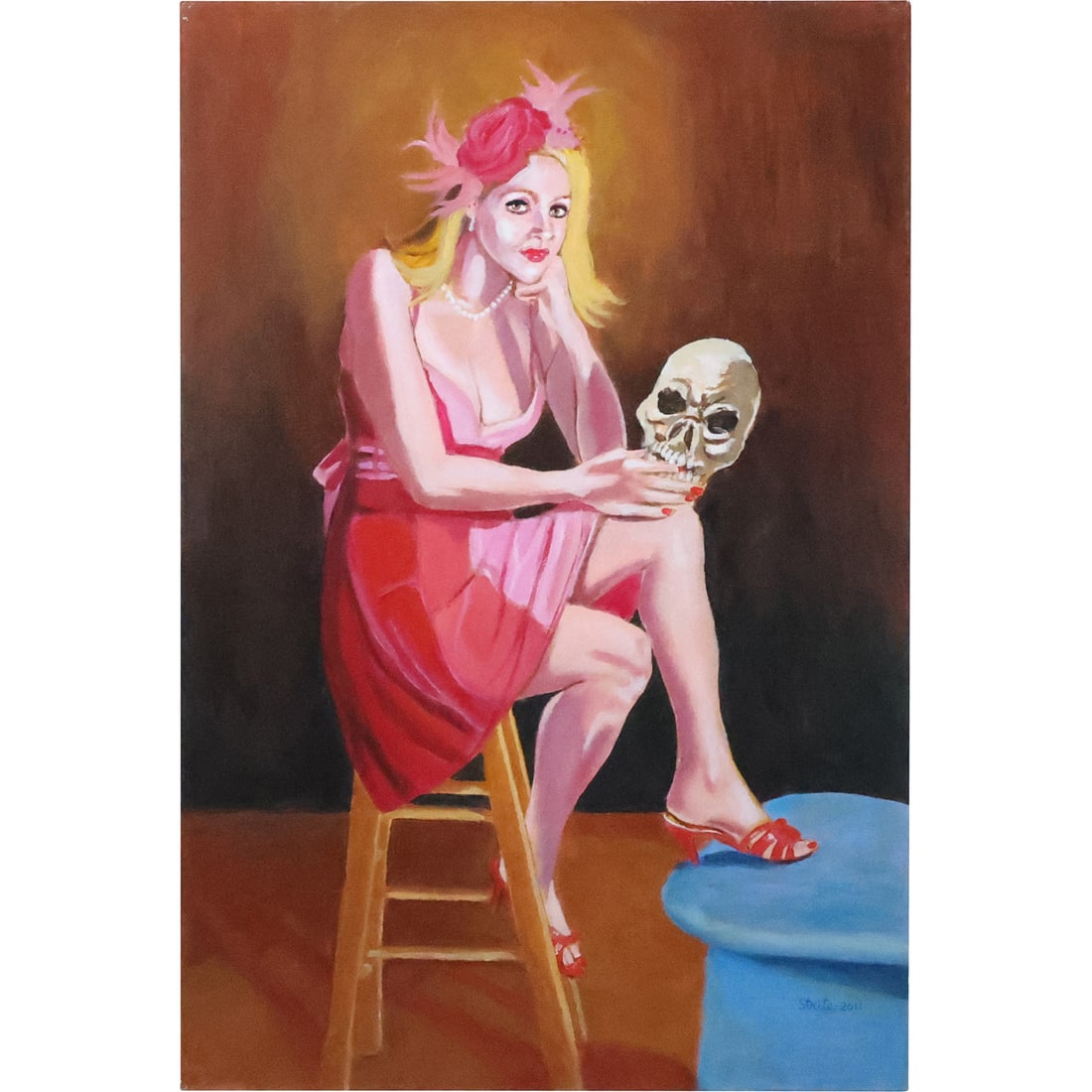 Norman Strite, Large Oil Painting Illustration Art Seated Woman Holding a Skull Mask: Norman Strite, Large Oil Painting Illustration Art Seated Woman Holding a Skull Mask. size: 24 x 36 ; Author of Book: Norman Strite in the Temple of Beauty. Figure Paintings and Drawings by Norman Str