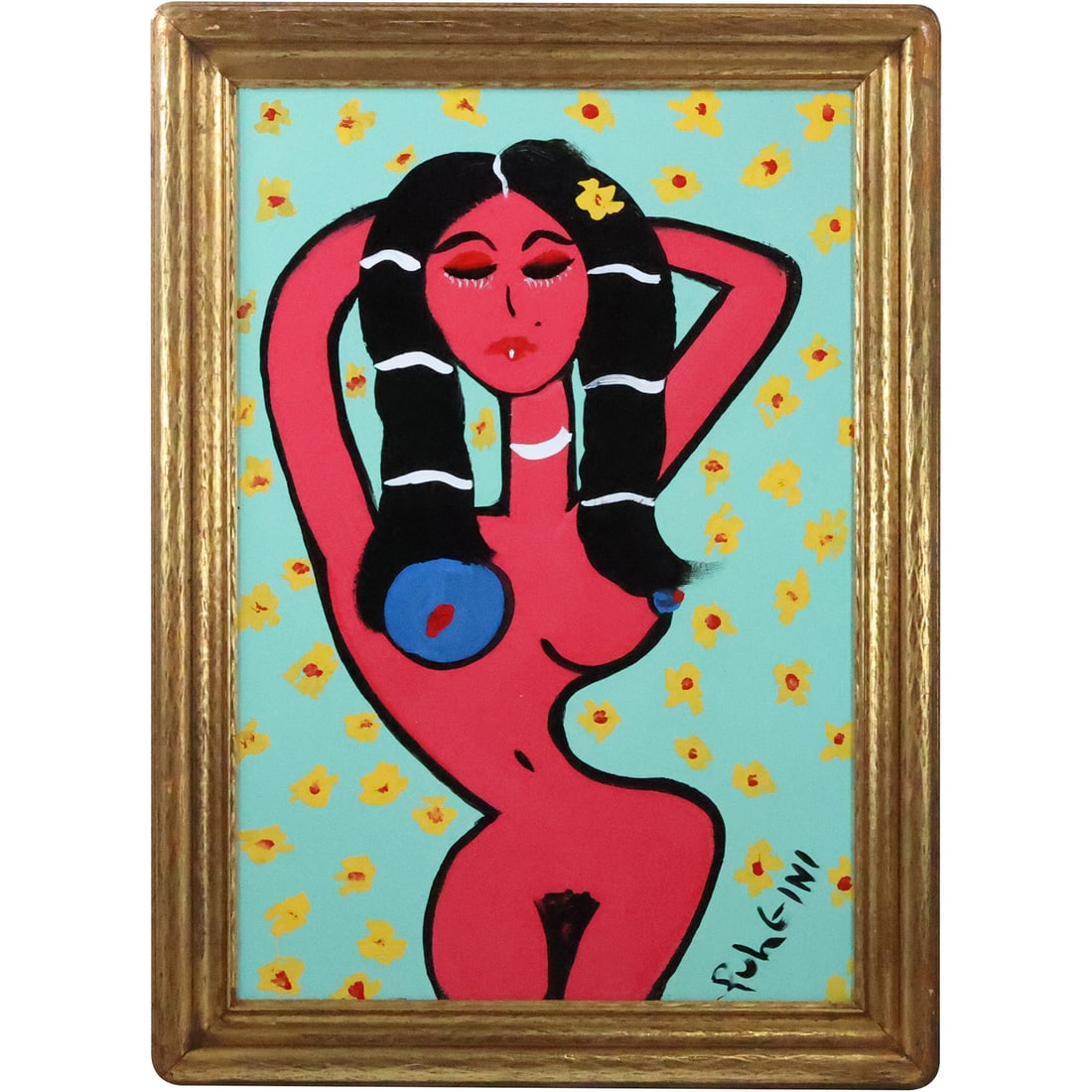 Thomas Pulgini, American, Oil on Board Painting Abstract Nude Woman Black Hair, Flowers: Thomas Pulgini, American, Oil on Board Painting Abstract Nude Woman Black Hair, Flowers. Signed and Framed. Well Listed American Artist. size: 32.25 x 21.75, 37.5 x 27 outside frame. ASKart: Thomas Pu