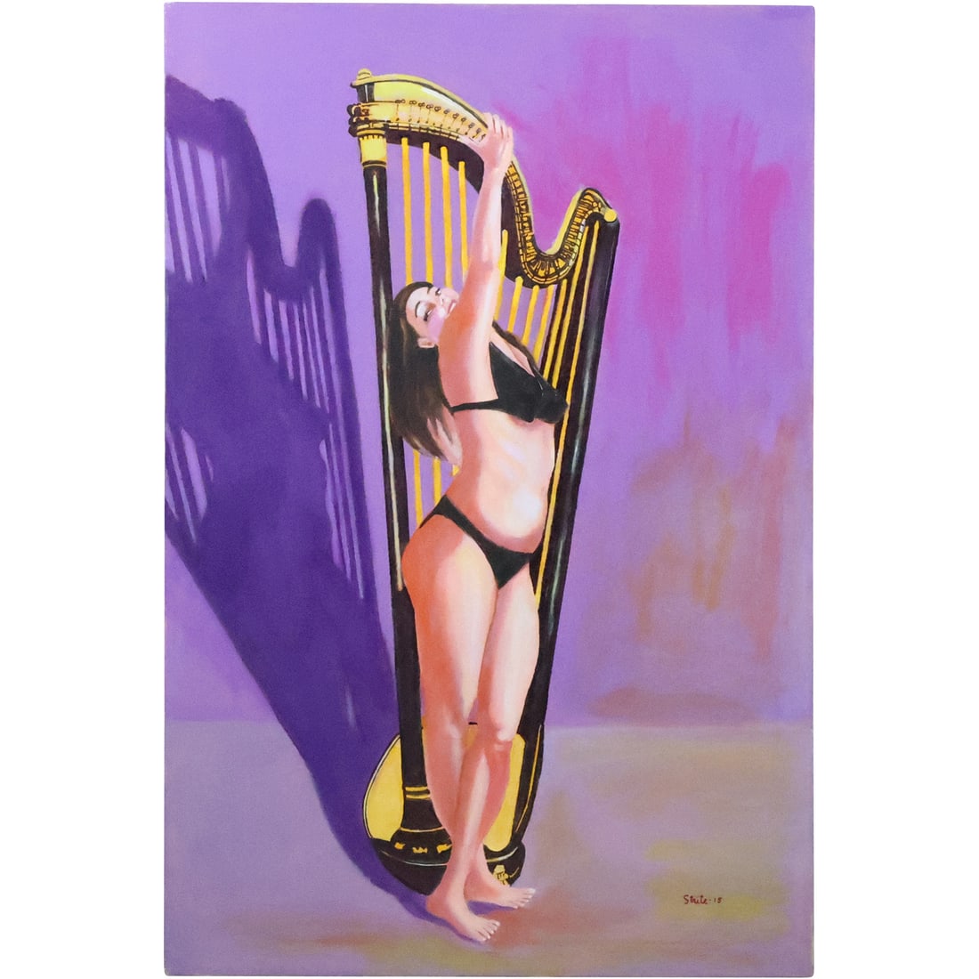 Norman Strite, Large Oil Painting on Canvas Pin-up Girl and Harp "Euterppe", 36 in. x 24 in.: Norman Strite, Large Oil Painting on Canvas Pin-up Girl and Harp "Euterppe", 36 in. x 24 in.; size: 36 x 24; Author of Book: Norman Strite in the Temple of Beauty. Figure Paintings and Drawings by Nor
