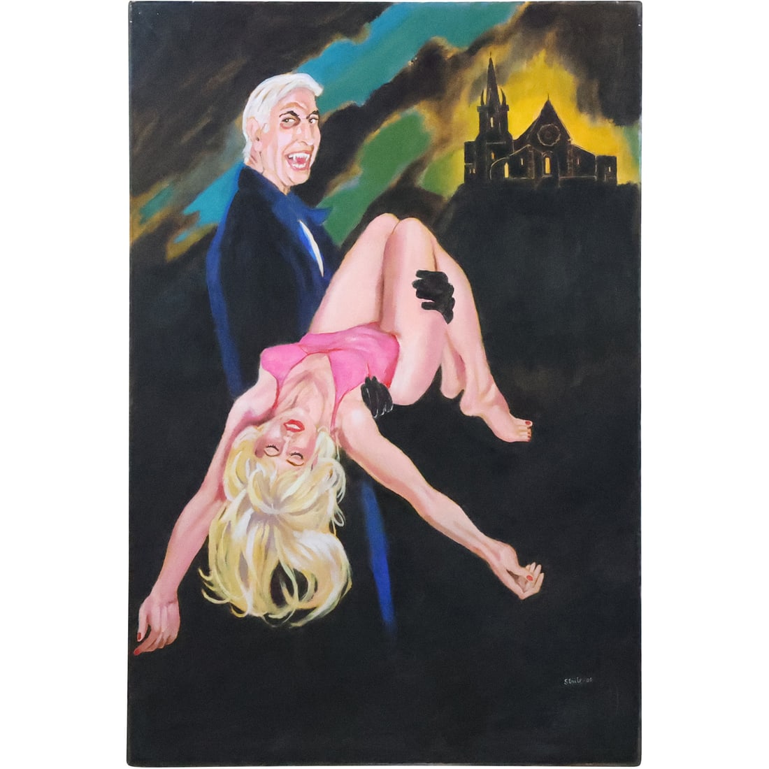 Norman Strite, Large Oil Painting Illustration Art Fictional Dracula Carrying Woman 36 in. x 24 in.: Norman Strite, Large Oil Painting Illustration Art Fictional Dracula Carrying Woman 36 in. x 24 in.. Titled: Dracula's Castle ; Models : Ryder and Self Portrait. size: 36 x 24 ; Author of Book: Norman