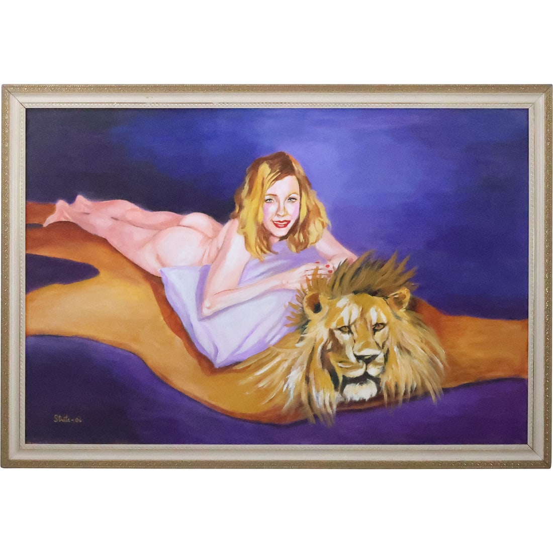 Norman Strite, Large Oil Painting Nude Woman "On The Lion Rug", Framed: Norman Strite, Large Oil Painting Nude Woman "On The Lion Rug", Framed. size: 24 X 36, 27 X 39 outside frame; Author of Book: Norman Strite in the Temple of Beauty. Figure Paintings and Drawings by No