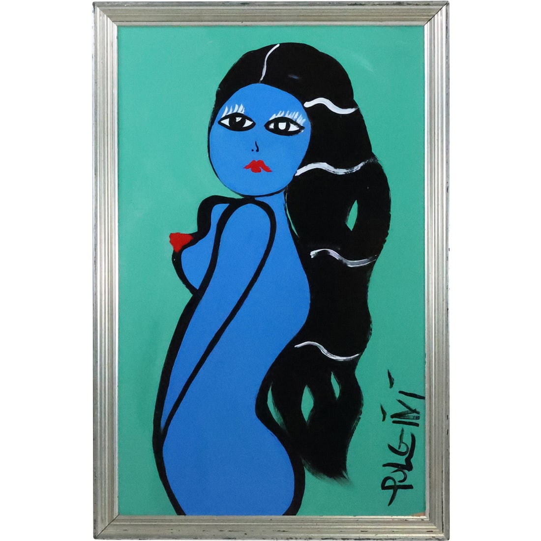 Thomas Pulgini, American, Oil on Board Painting, Abstract Nude Blue Woman, Signed, Framed: Thomas Pulgini, American, Oil on Board Painting, Abstract Nude Blue Woman, Signed, Framed. Well Listed American Artist. size: 32 x 20, 34.5 x 22.5 outside frame. ASKart: Thomas Pulgini, Born 1965 in W
