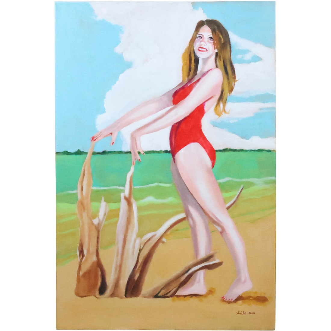 Norman Strite, Large Oil Painting on Canvas Bathing Beauty at Shore Titled "Driftwood": Norman Strite, Large Oil Painting on Canvas Bathing Beauty at Shore Titled "Driftwood". size: 36 x 24 ; Author of Book: Norman Strite in the Temple of Beauty. Figure Paintings and Drawings by Norman S