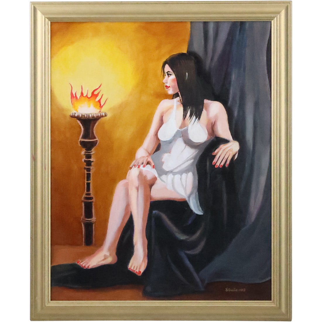 Norman Strite, Large Oil Painting on Canvas, Seated Pin-up Girl Next to Torch "The Vestal Virgin": Norman Strite, Large Oil Painting on Canvas, Seated Pin-up Girl Next to Torch "The Vestal Virgin", Model: Sarah. size: 28 x 22, 31.5 x 25.5 outside frame. Author of Book: Norman Strite in the Temple o