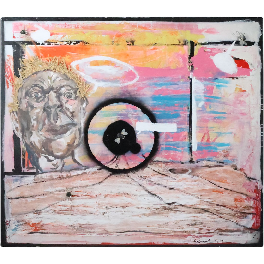 Large 20th C. Outsider Art Oil on Canvas Painting , Artist Signed Illegible, Man Portrait, Flies (1 of 20)