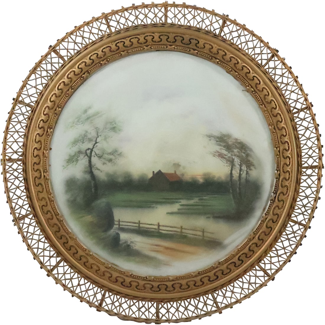 Round Signed and Dated 1889 Pastel Painting in RARE ROUND WICKER FRAME: Round Signed and Dated 1889 Pastel Painting in RARE ROUND WICKER FRAME size: 23.75 in. round, 28.5 in. round outside