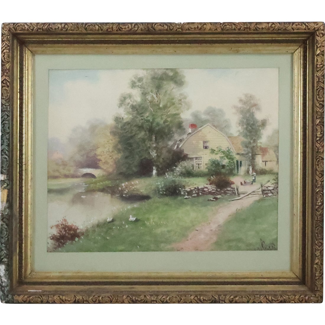 S R Wright, Fine Watercolor Painting Countryside Landscape with House, Stream, Bridge (1 of 20)