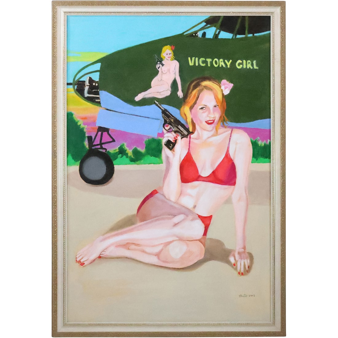 Norman Strite, Large Oil Painting on Canvas Illustration Art Pin-up Girl War Time "Blonde Bomber": Norman Strite, Large Oil Painting on Canvas Illustration Art Pin-up Girl War Time "Blonde Bomber" . size: 36 X 24, 39 X 27 outside frame. Author of Book: Norman Strite in the Temple of Beauty. Figure