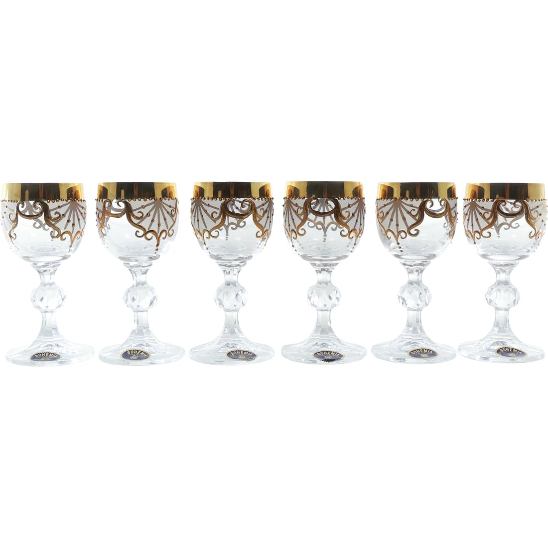 Set 6 Bohemia Heavy Gold Decorated Stemmed Goblets, Original Labels (1 of 20)