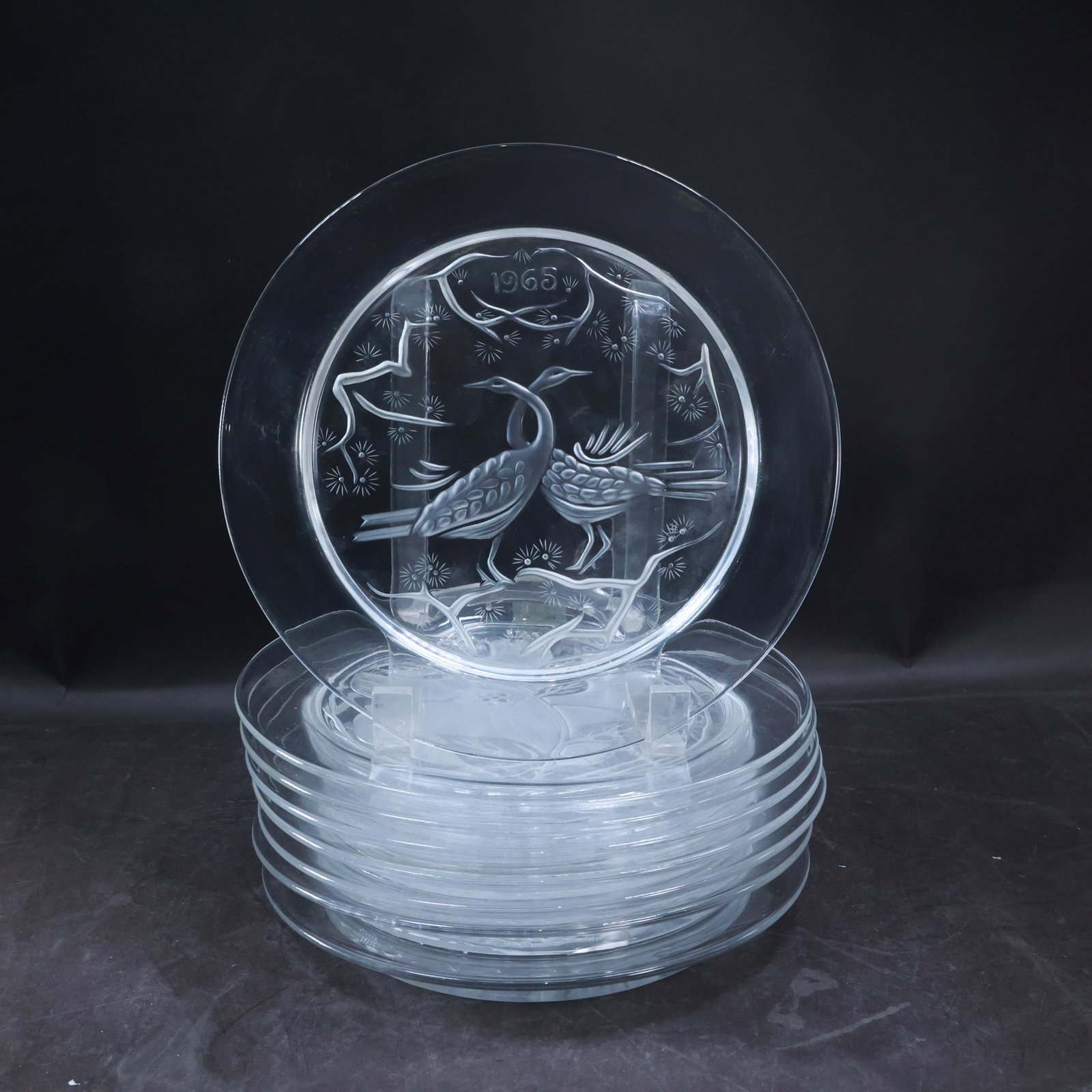 8 LALIQUE Crystal Glass Yearly Cabinet Plates with Flowers, Peacock, Owl, Bird, 8.5 in. diameter: 8 LALIQUE Crystal Glass Yearly Cabinet Plates with Flowers, Peacock, Owl, Bird, 8.5 in. diameter. size:.5x8.5