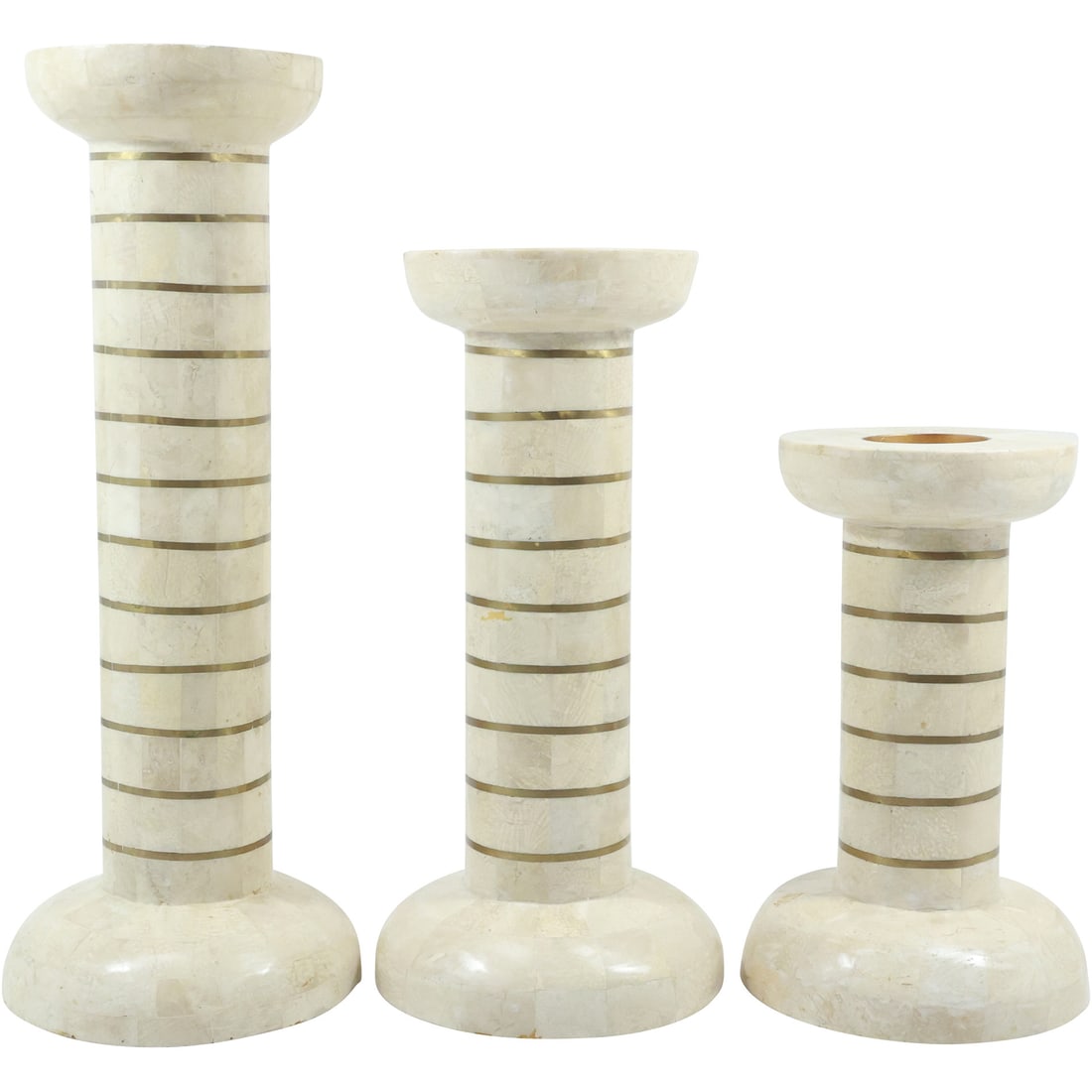 Set of 3 Decorator Pillar Candlesticks in Graduated Sizes 9,35 in., 12.25 in., 15 in. heights: Set of 3 Decorator Pillar Candlesticks in Graduated Sizes 9,35 in., 12.25 in., 15 in. heights. size: 9.25x5.75, 12.25x6, 15x6