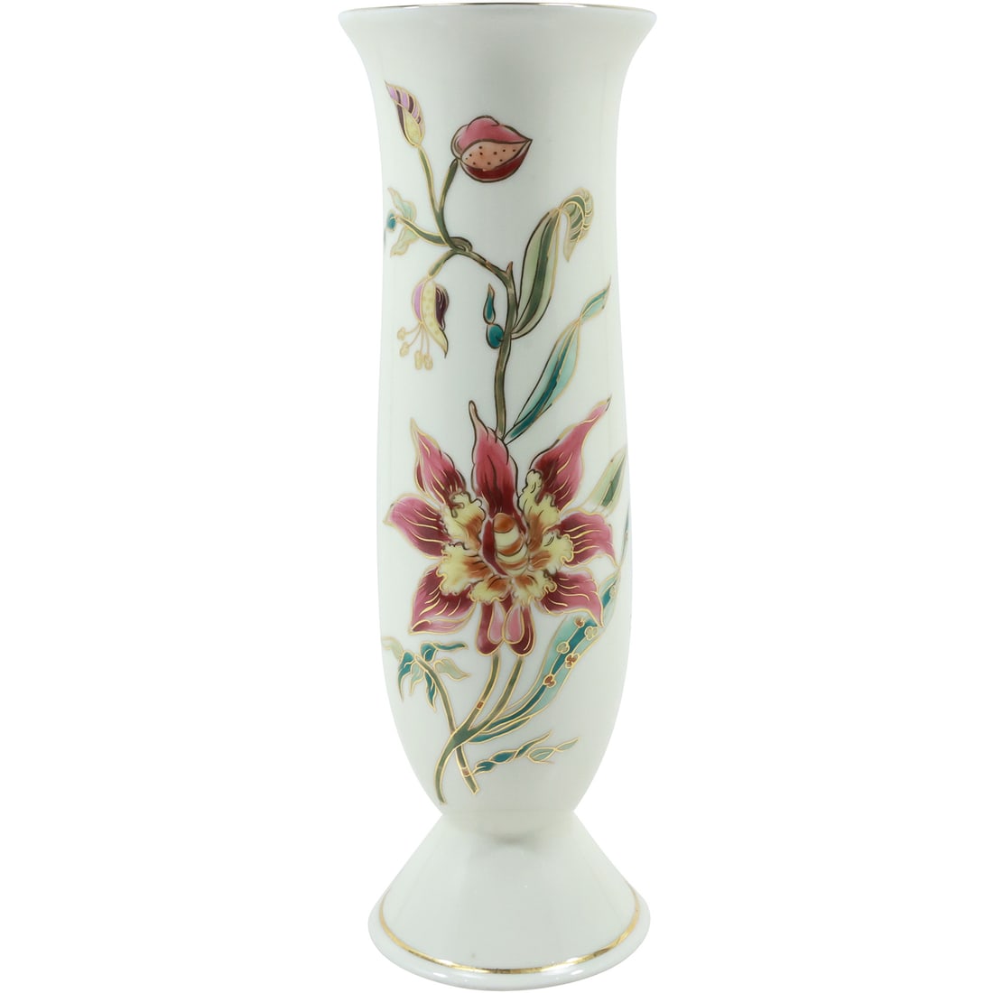 Zsolnay Hungary, White Porcelain Vase with Hand Painted Flowers 10.5 in. height x 3.5 in. wide.: Zsolnay Hungary, White Porcelain Vase with Hand Painted Flowers 10.5 in. height x 3.5 in. wide. size: 10.5x3.25