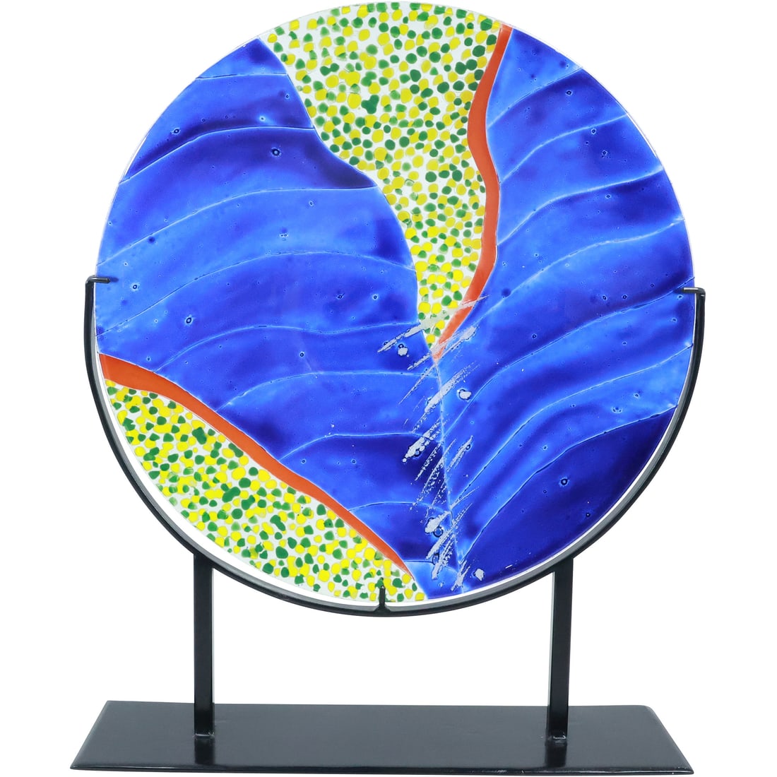 Round Art Glass Abstract Sculpture Mounted in a Metal Framed Display Base 19.75 in. height: Round Art Glass Abstract Sculpture Mounted in a Metal Framed Display Base 19.75 in. height x 16 in. wide. size: 19.75x16