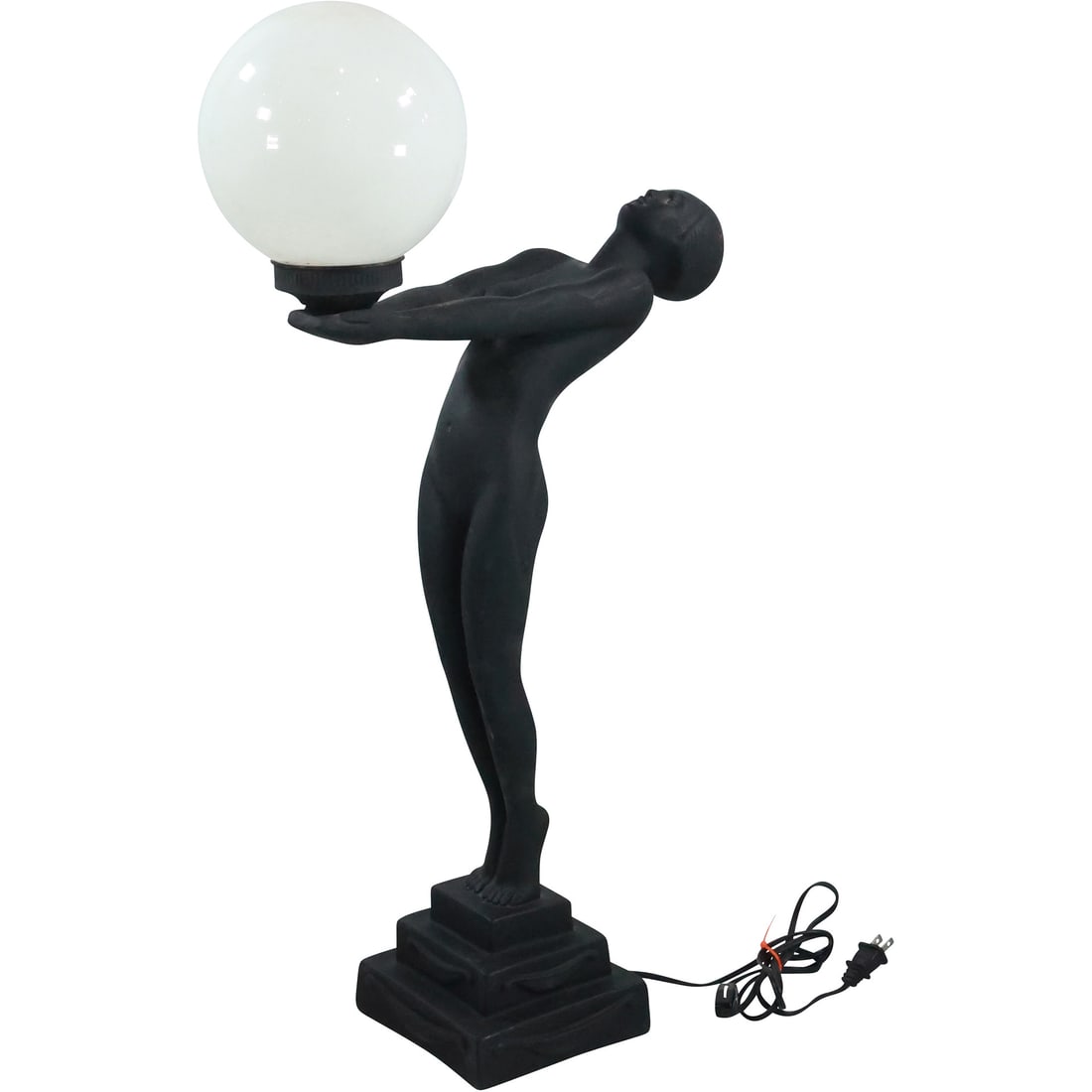 Art Deco Style Arched Nude Woman Holding White Glass Globe Table Lamp 30 in. height: Art Deco Style Arched Nude Woman Holding White Glass Globe Table Lamp 30 in. height. Hard Composite Figure, Glass Globe. size: 24x14 (base), 6.5x6.5 (shade)