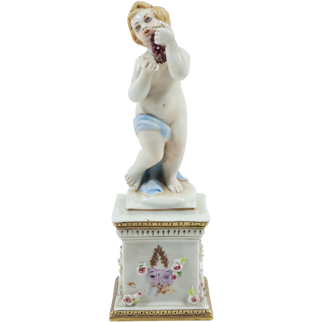 Vintage Capodimonte Porcelain Cherub Holding Grapes on a Pedestal 7.25 in. height (1 of 19)