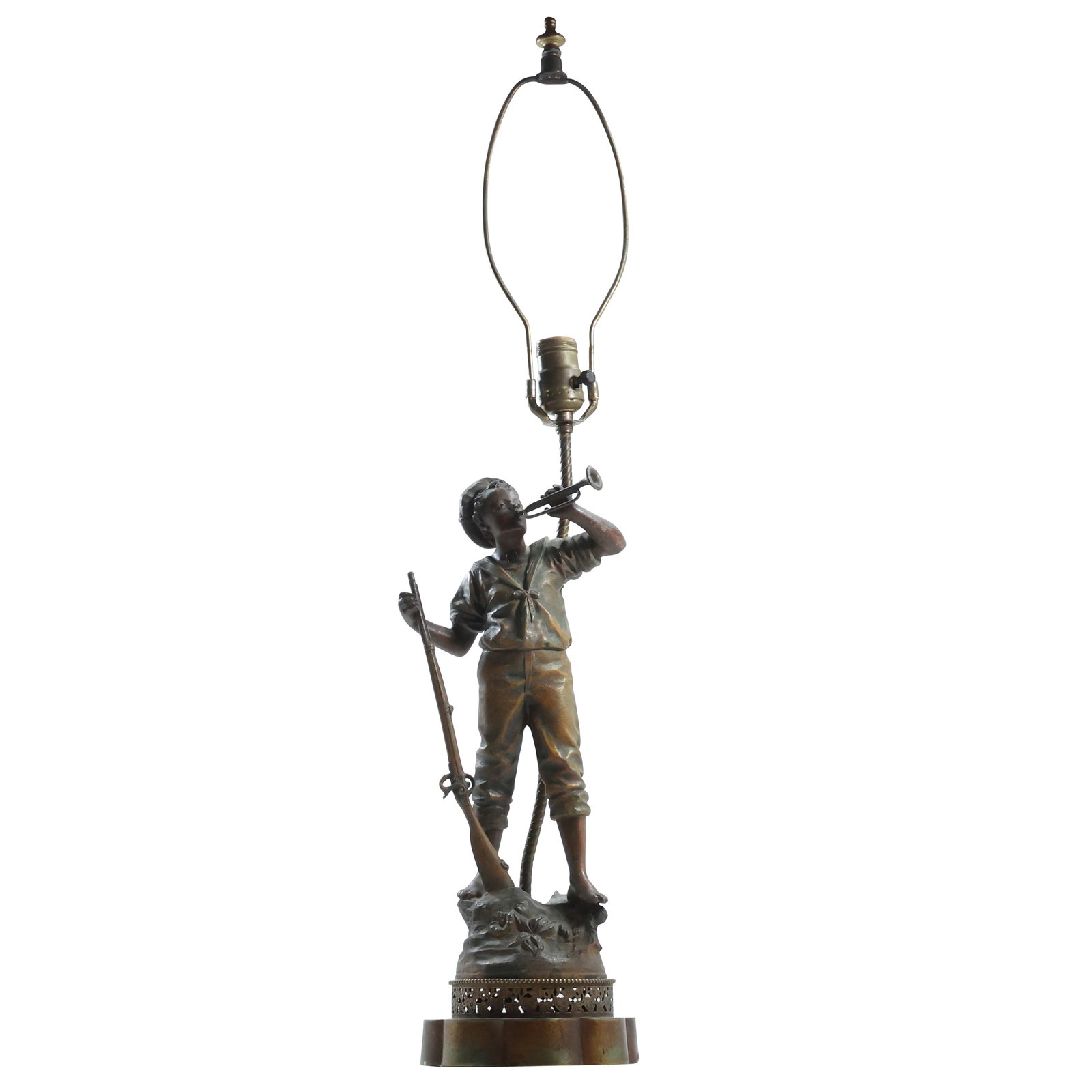 Antique Cast Metal Spelter Figural Lamp Young Boy Playing Bugle Holding a Rifle. Original Patina: Antique Cast Metal Spelter Figural Lamp Young Boy Playing Bugle Holding a Rifle. Original Patina. Artist Inscribed Signature and French Seal. size: 32 in. overall height x 7 in. wide